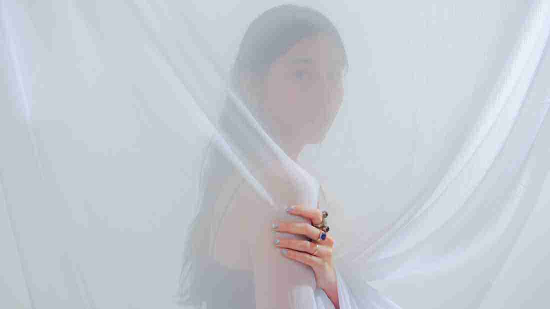 A woman gazing through a veil
