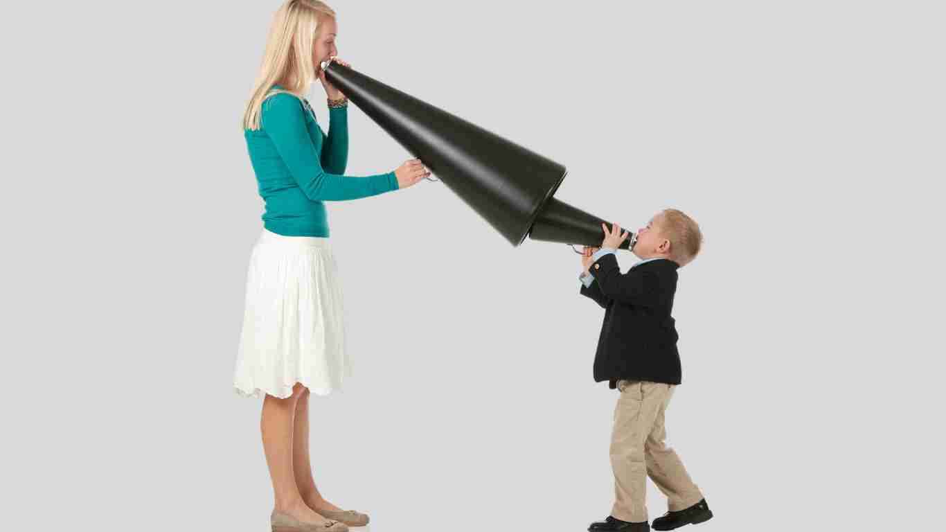 A mother using a megaphone to shout at her son