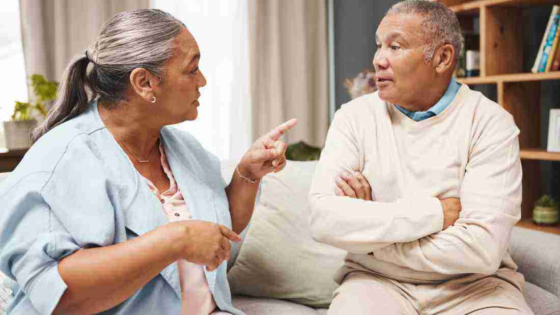 A woman blaming her partner for something