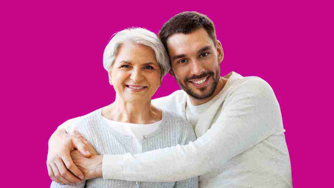 An elderly mother with her son