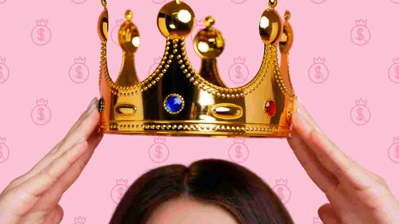 A narcissistic woman putting on a golden crown