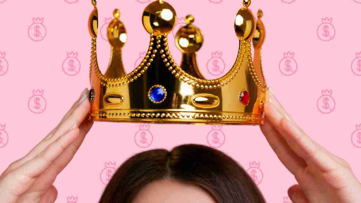 A narcissistic woman putting on a golden crown