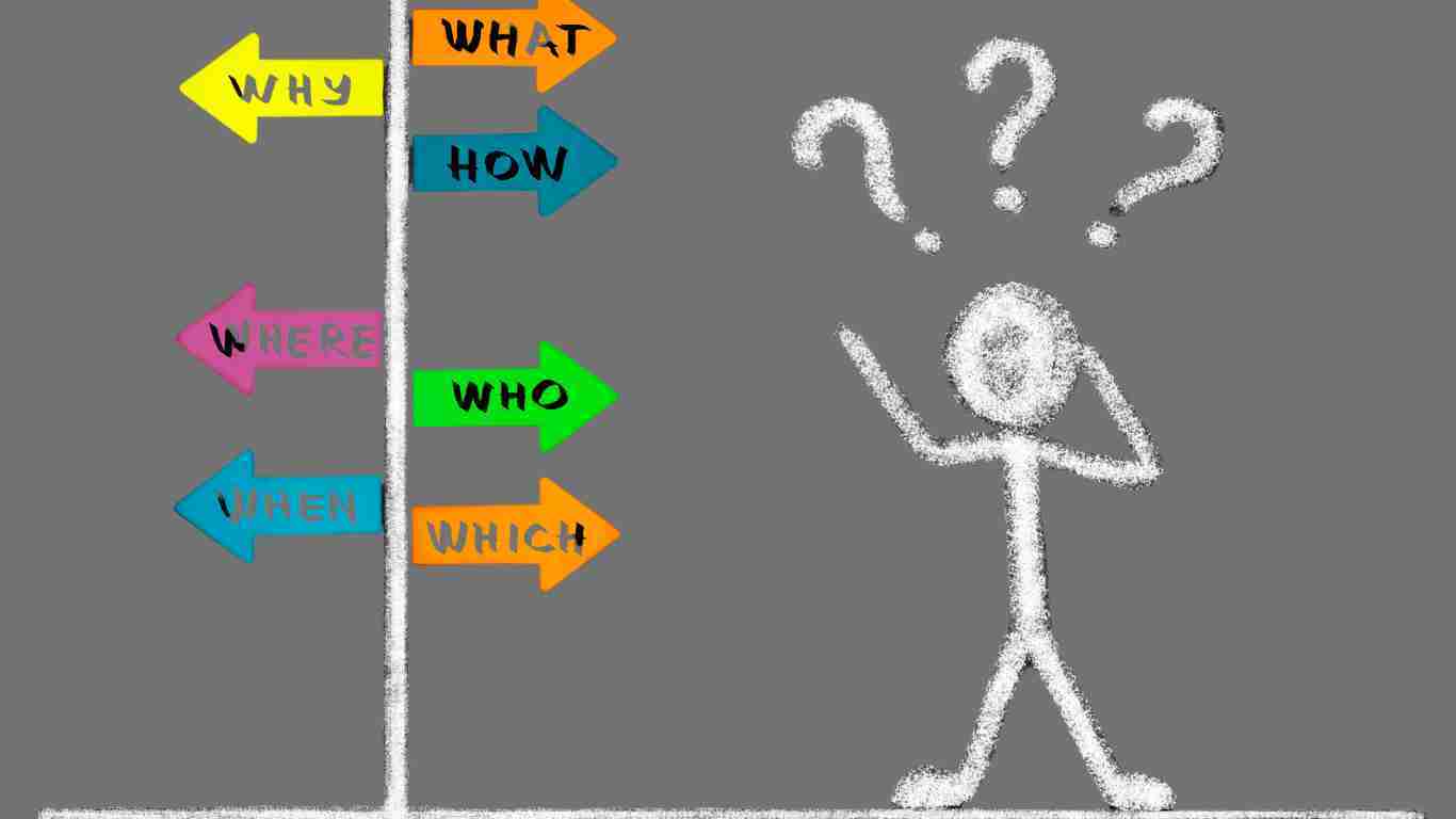 A stick man with several question marks over his head not sure where to go and what to do