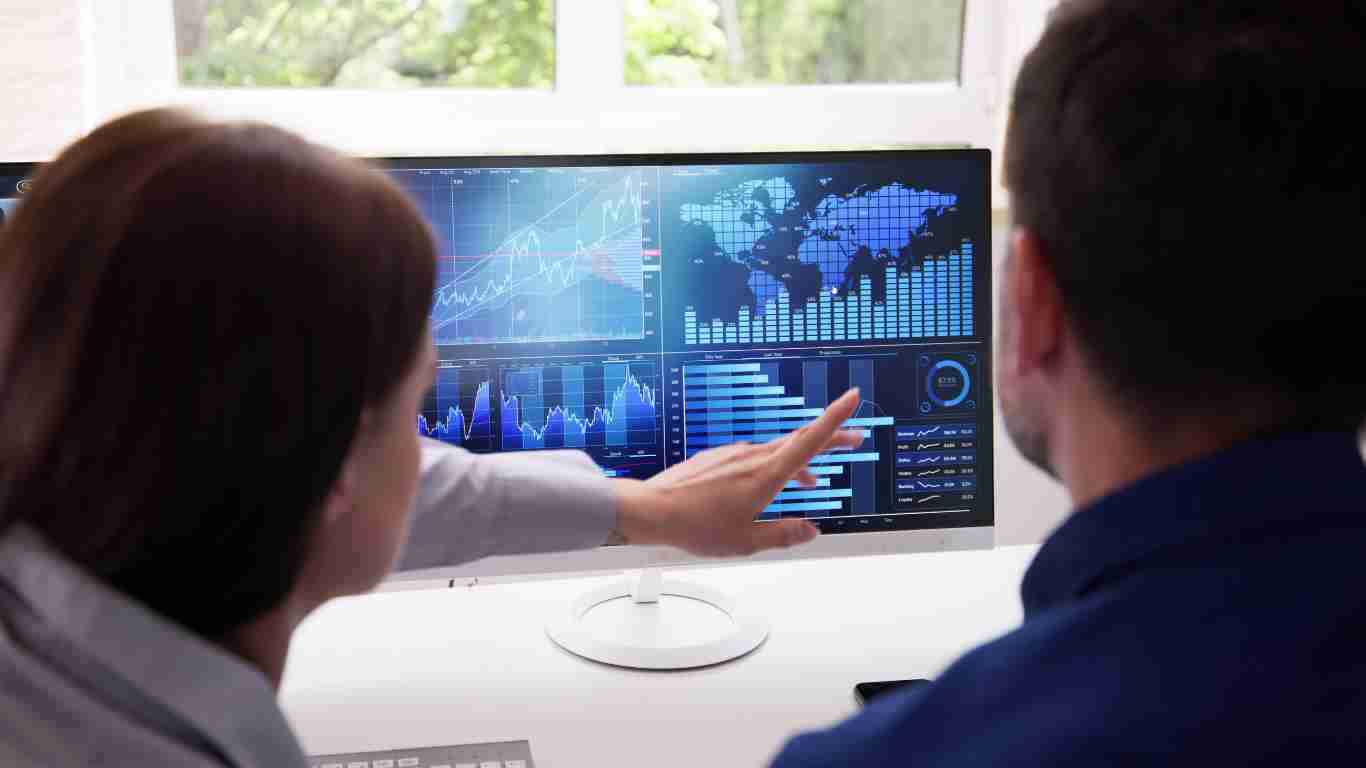 Two business analysts looking at data