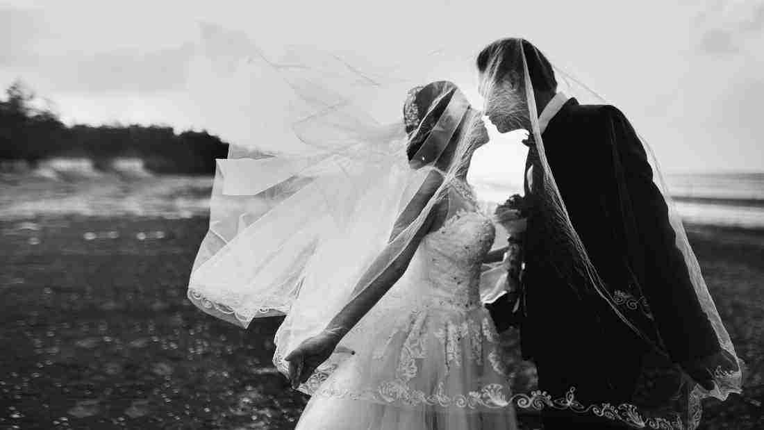 A wedding photo - bride and groom kissing