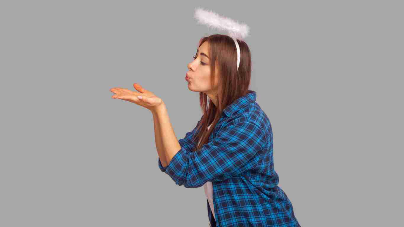 A woman wearing a fake halo