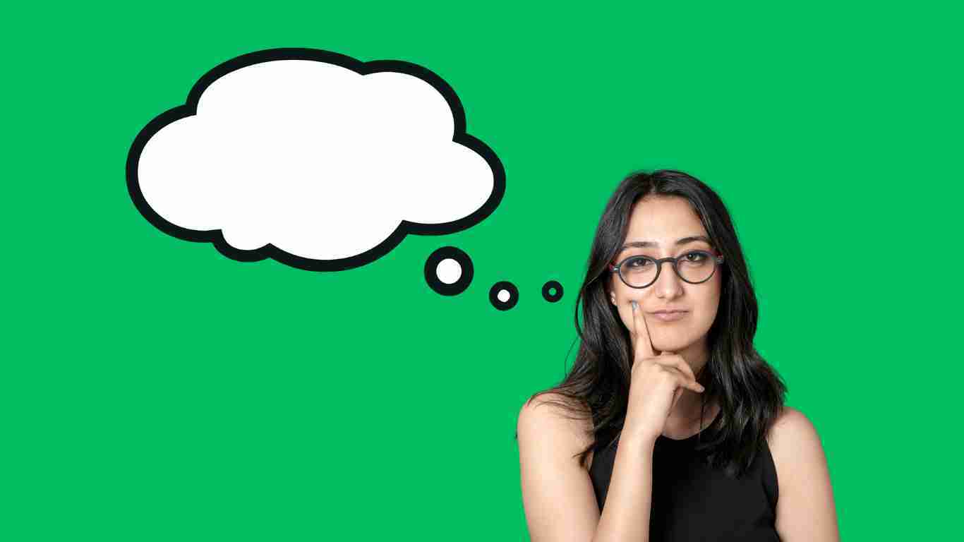 A woman with a thought bubble hovering over her head