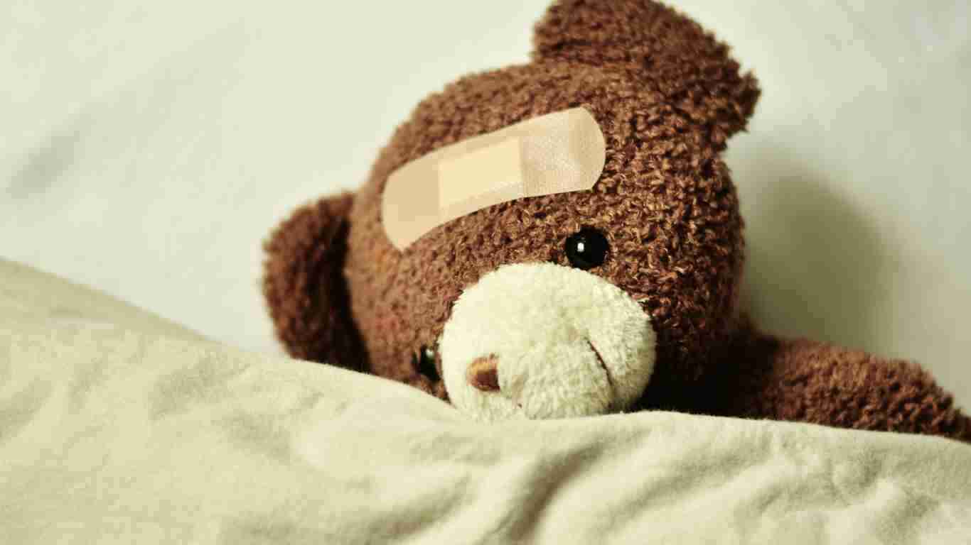A teddy bear with a plaster on his head