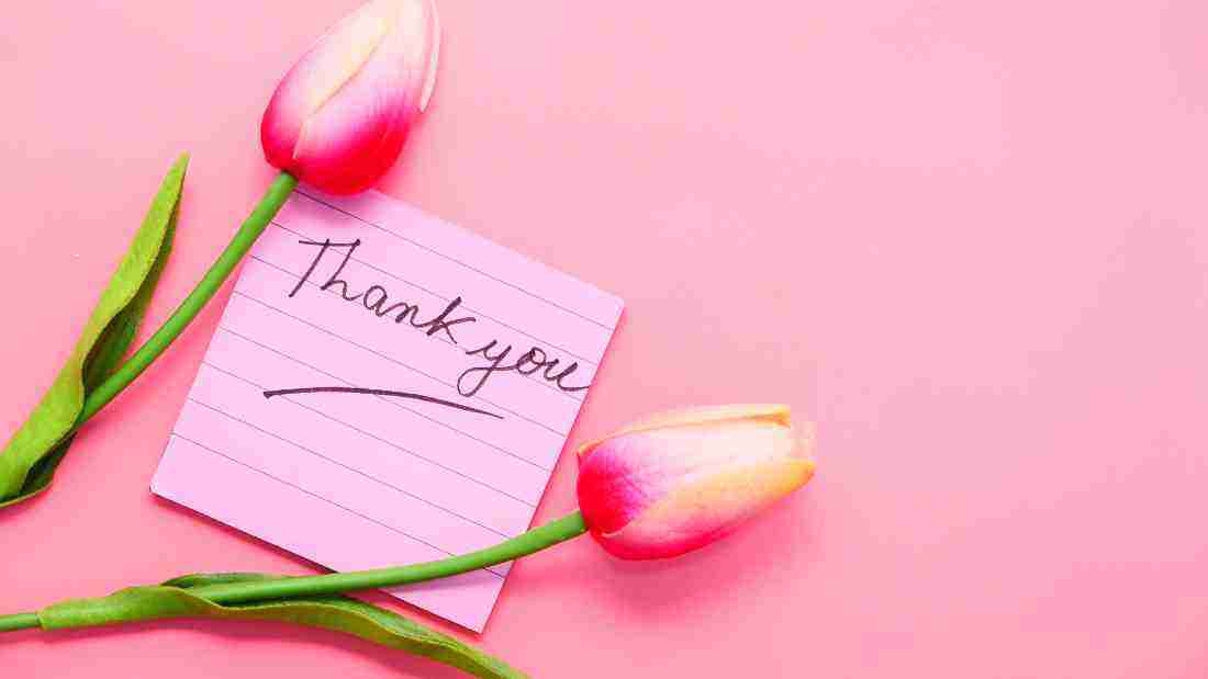A note with the words thank you written on it, next to two pink tulips