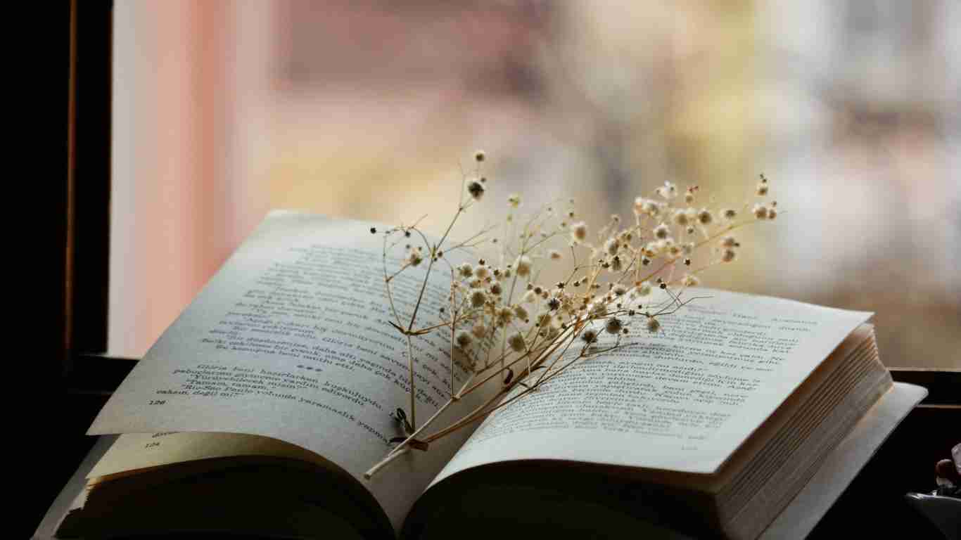 A book with a sprig of flowers as a bookmark