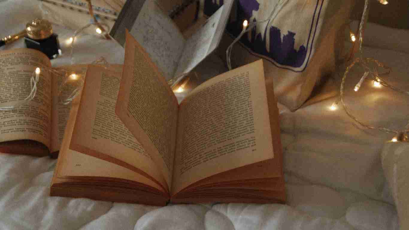 book surrounded with fairy lights