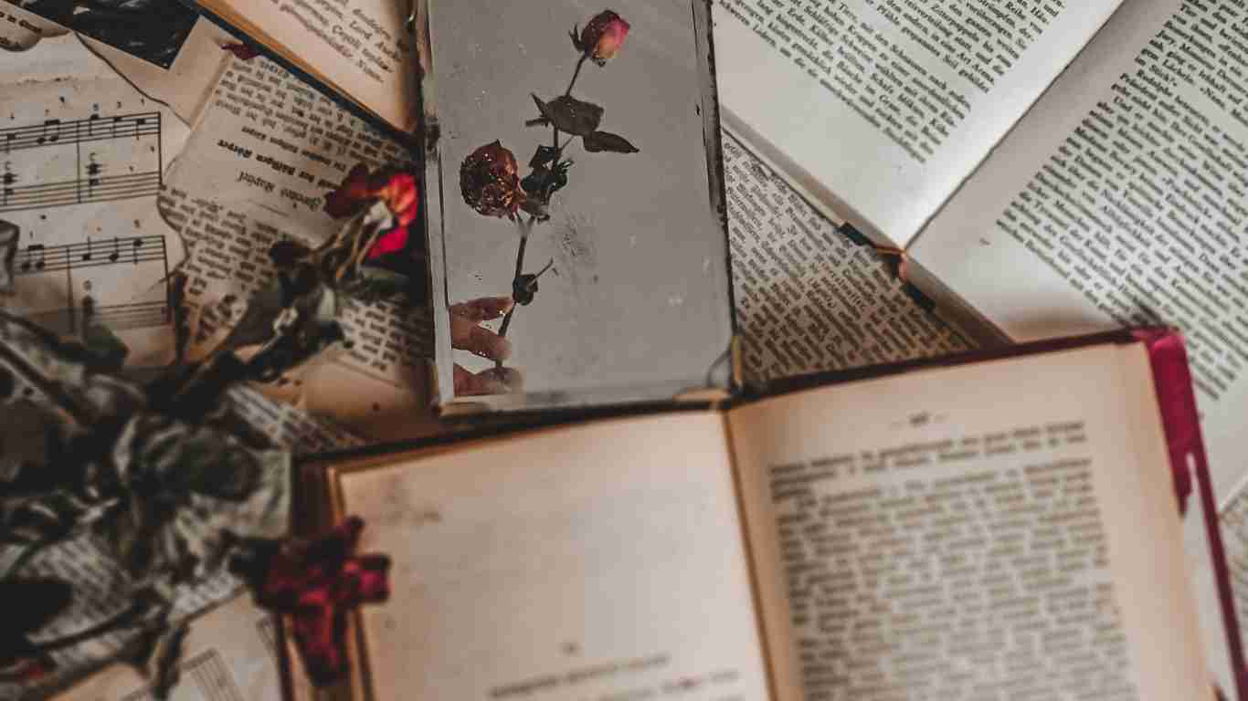 Poetry books spread out on a bed