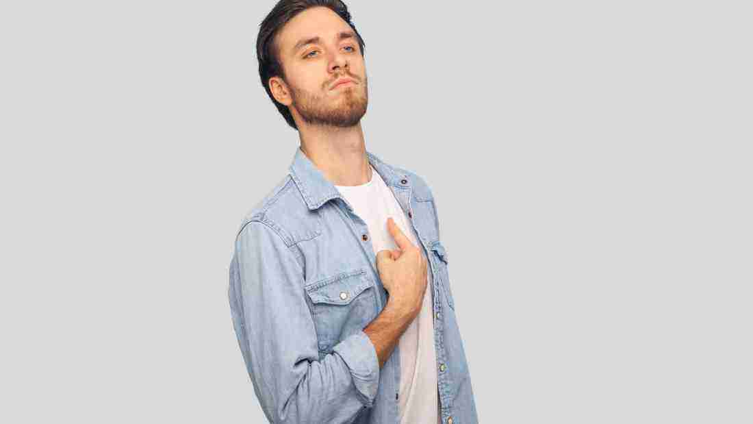 A selfish man pointing to himself